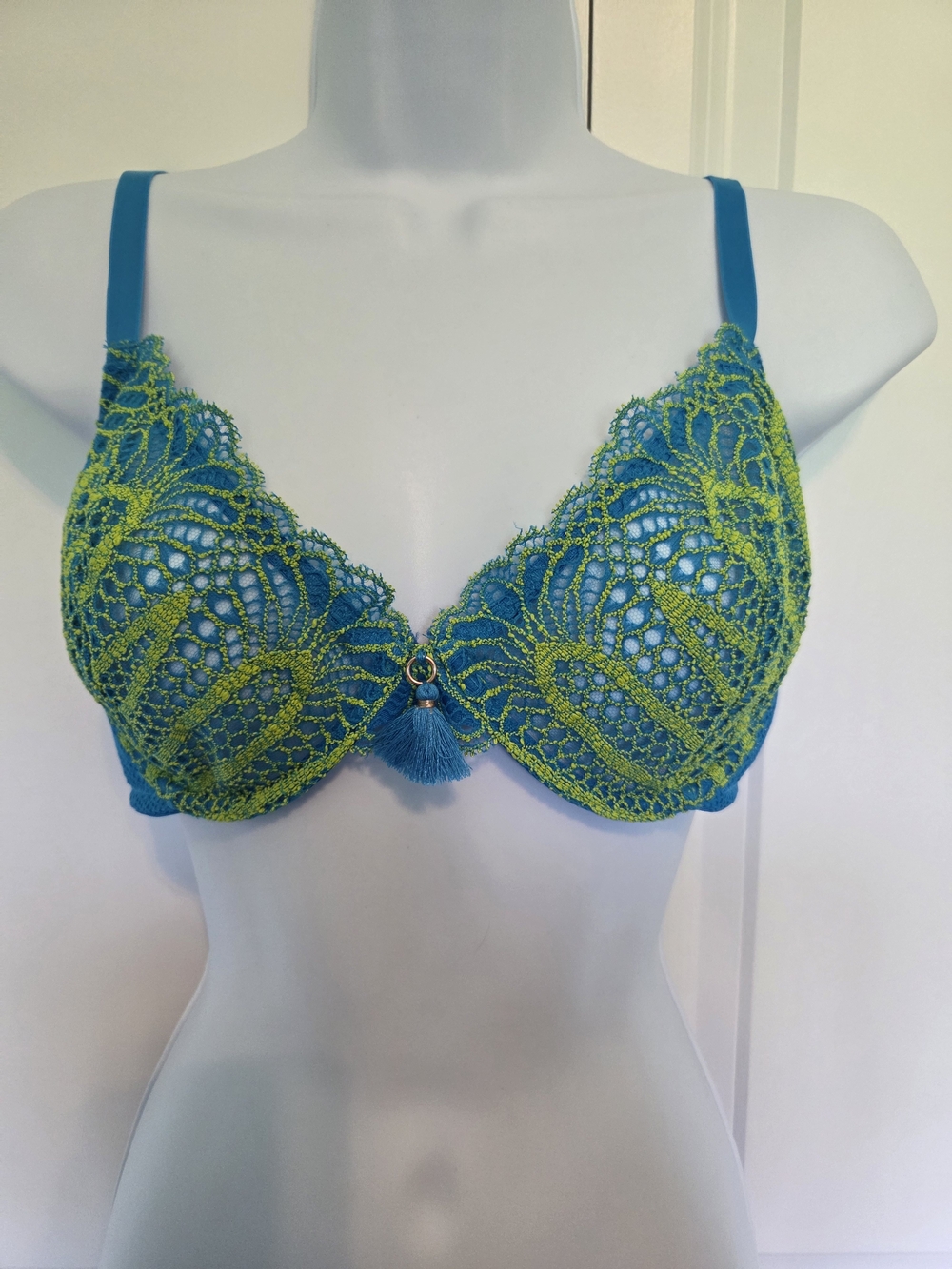 Savage X Fenty Teal and Lime Lace Push-Up Bra with Tassel